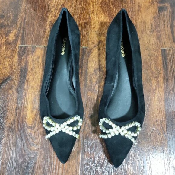 Larroude Lee Black Velvet Crystal Bow Embellished Pointed Toe Flat Women's 8.5 - Picture 2 of 9